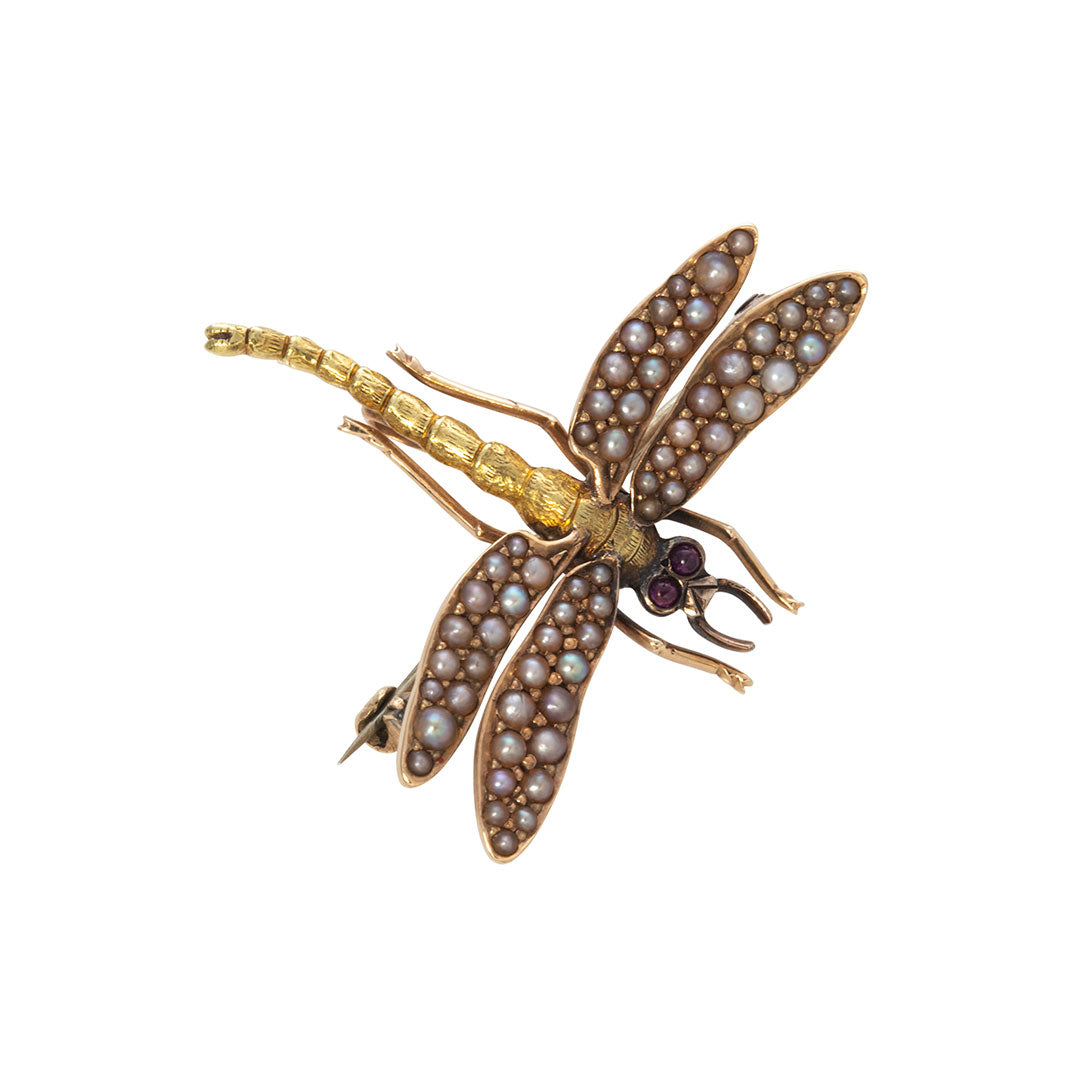 Estate Seed Pearl 14K Yellow Gold Dragonfly Pin