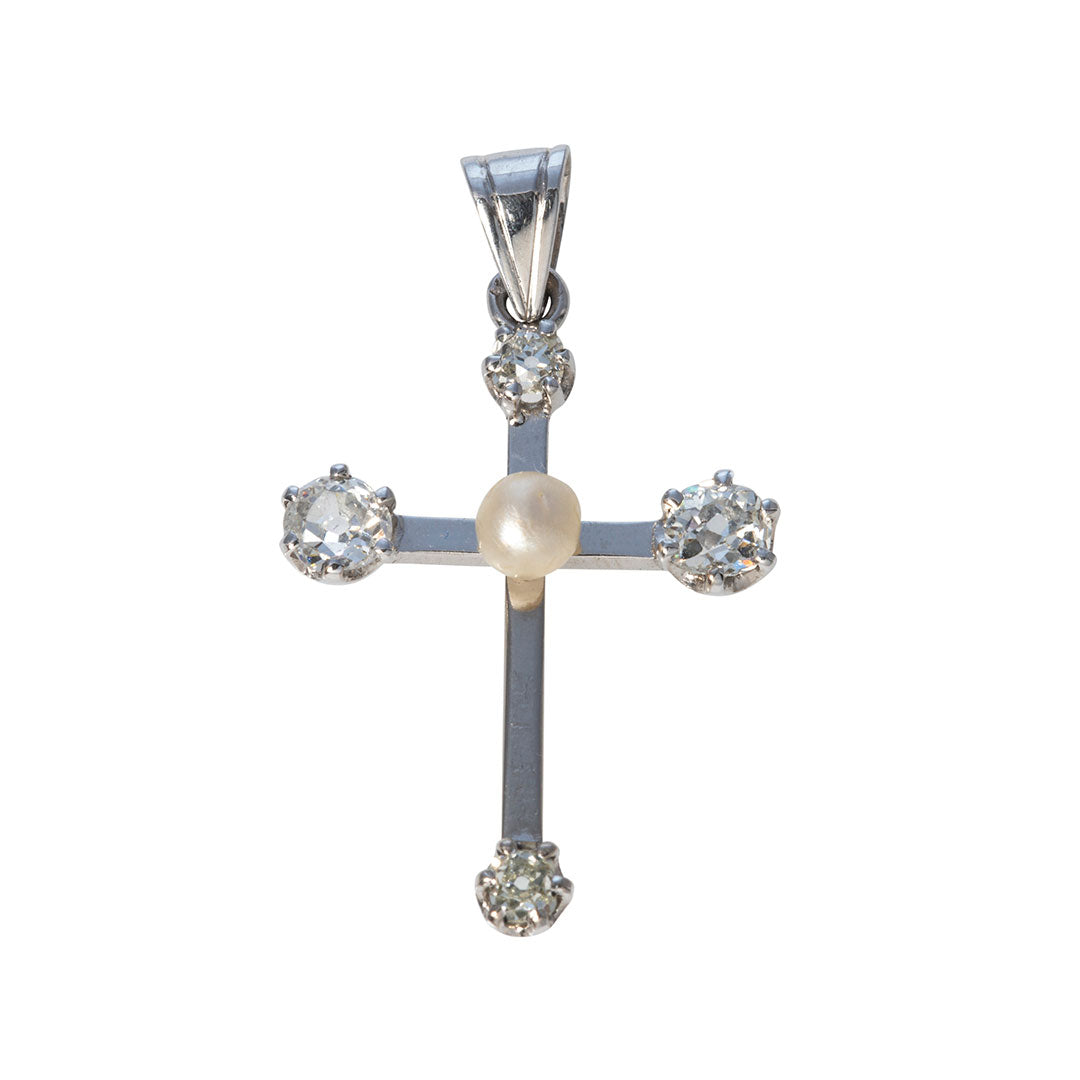 Estate Diamond & Pearl 14K White Gold Cross Pendant