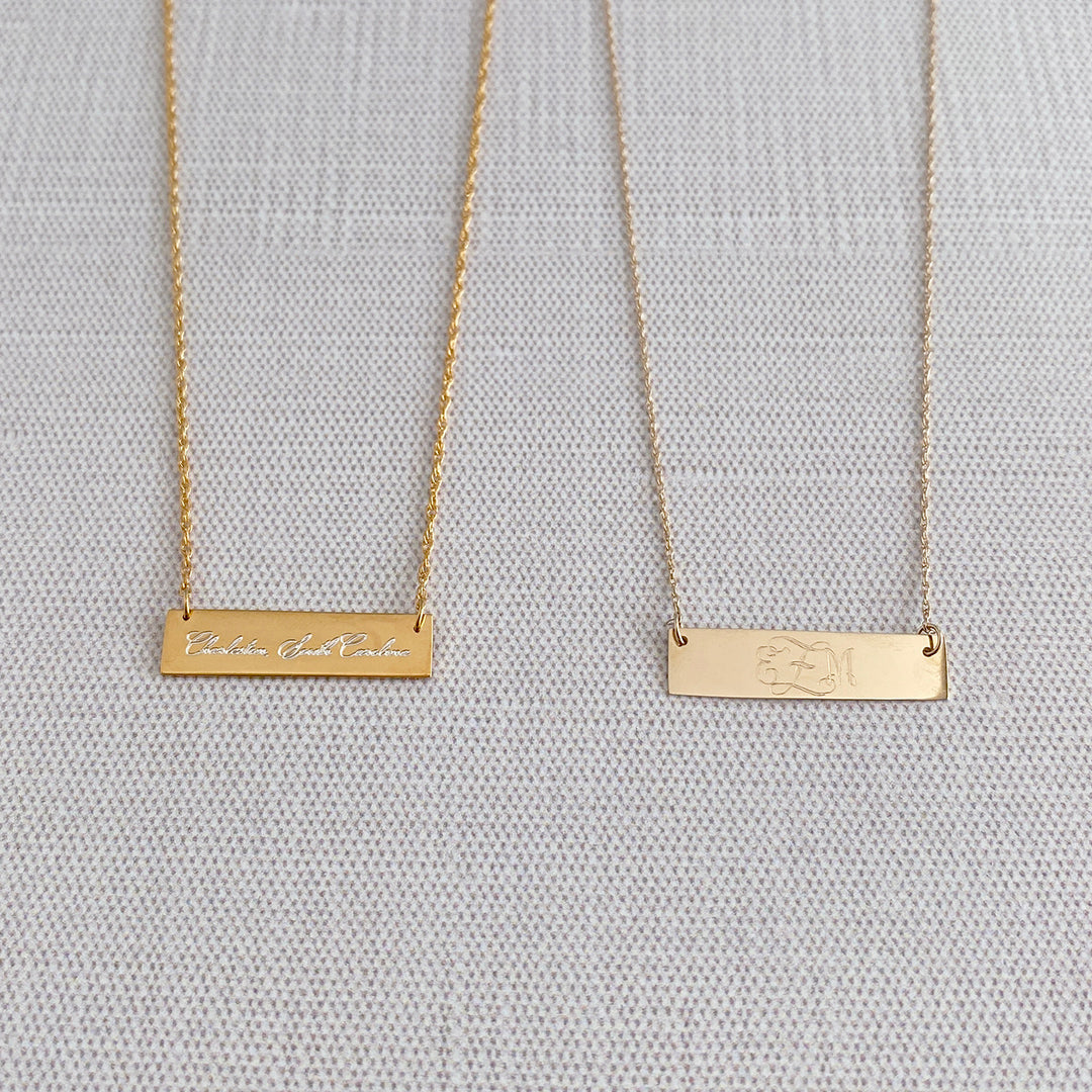 22K Gold Plated Bar Pendant Necklace and 14K Yellow Gold Bar Pendant Necklace with machine engraving