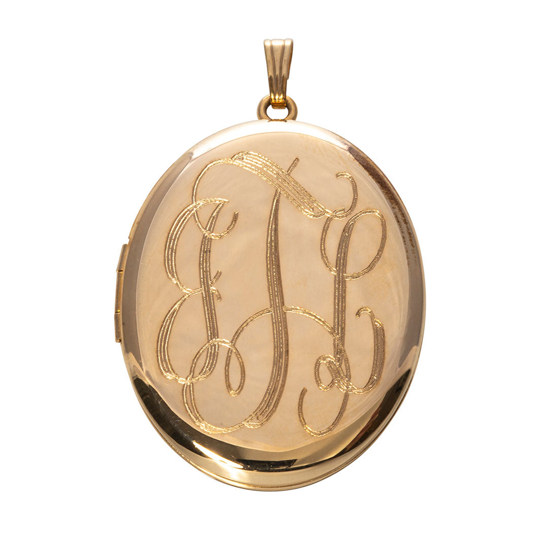 Adult 14K Gold Filled 30x38mm Oval Locket Necklace with machine engraved interlocking script monogram