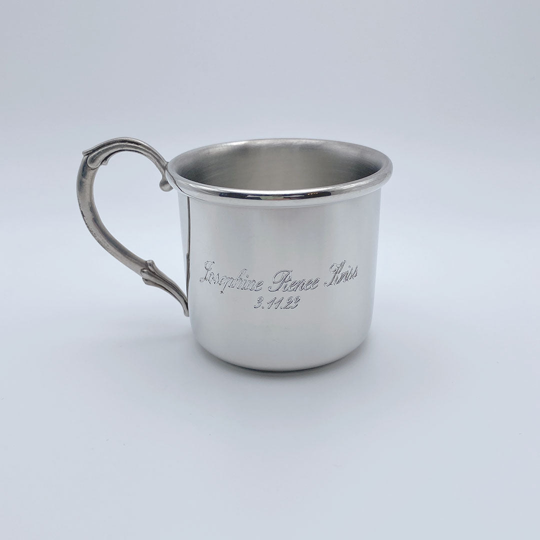 Pewter Easton Cross Baby Cup with machine engraving