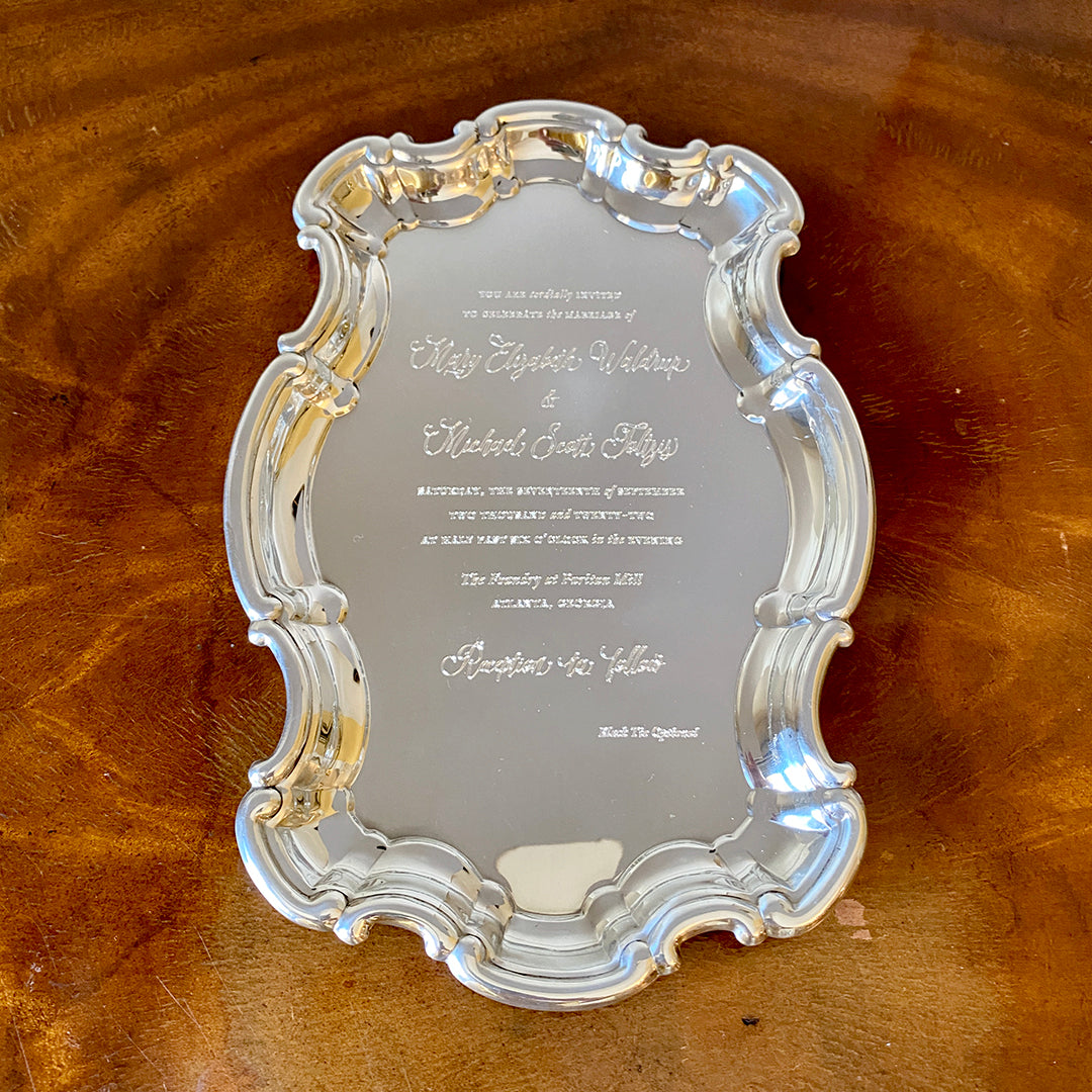 Pewter Chippendale Tray with Engraved Wedding Invitation