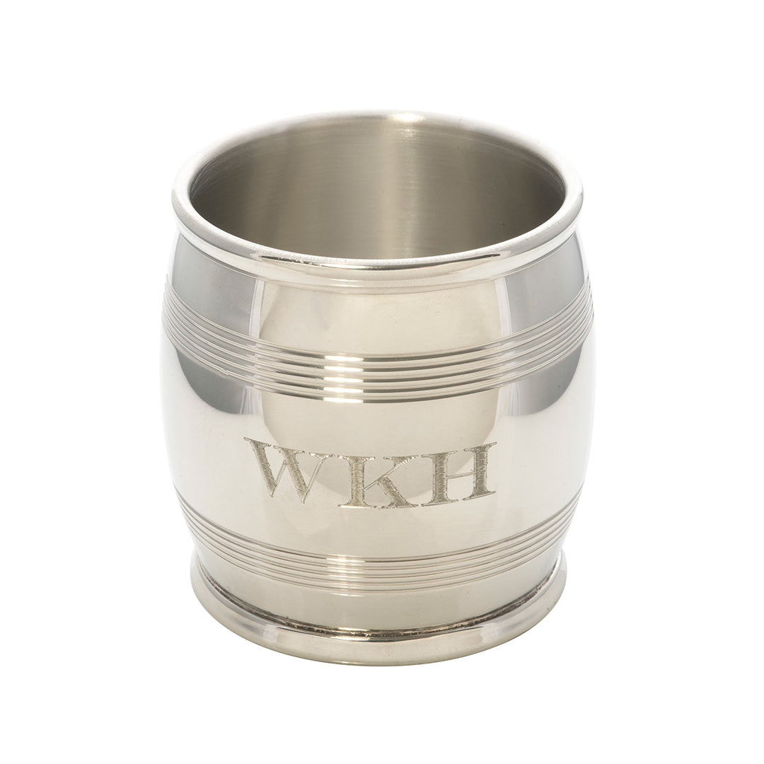 Pewter Barrel Julep Cup 9oz with machine engraved initials