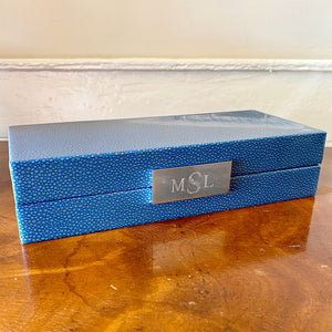 Blue Shagreen & Silver Plated Trim Jewelry Box with machine engraved monogram