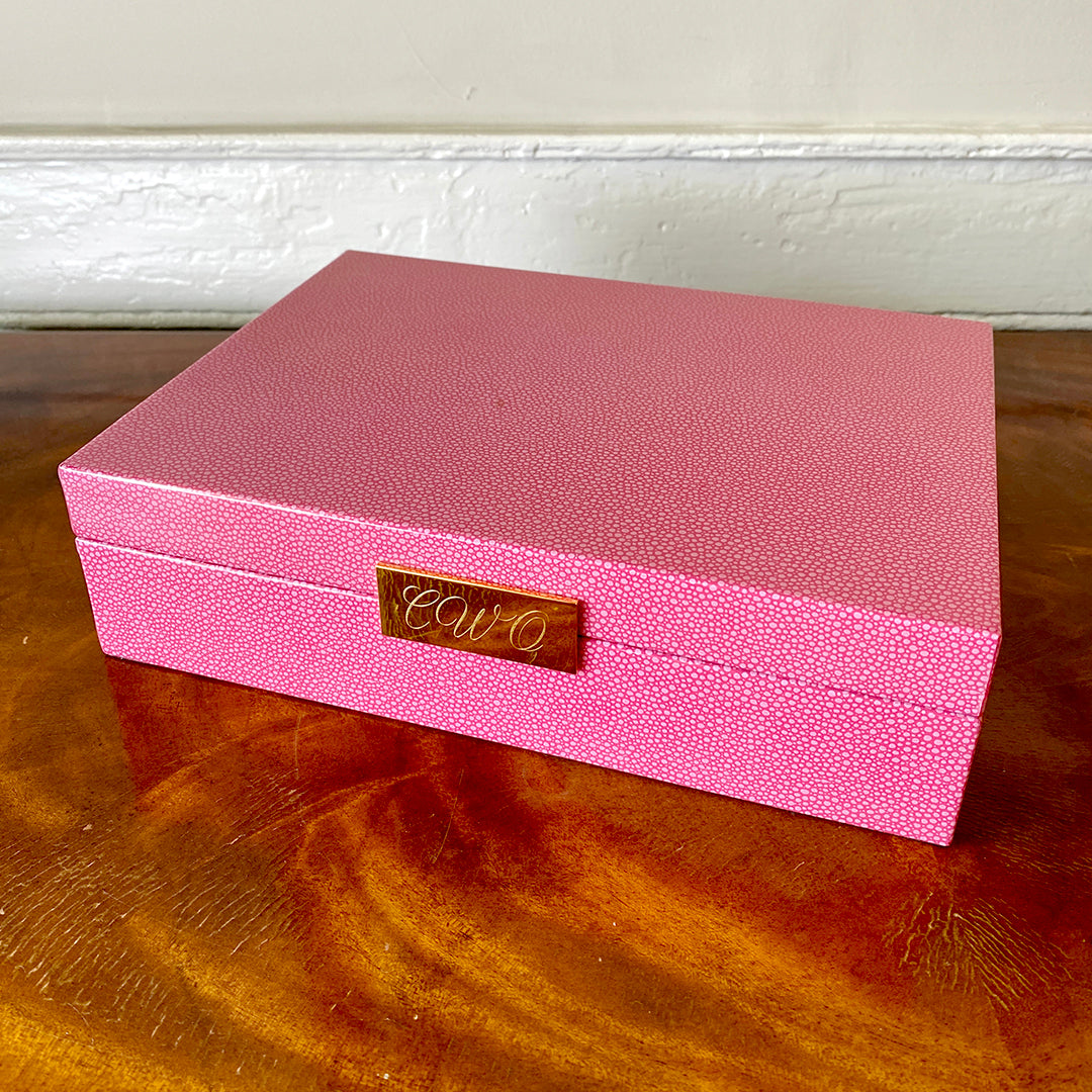 Pink Shagreen & Gold Plated Trim Large Jewelry Box with machine engraved initals