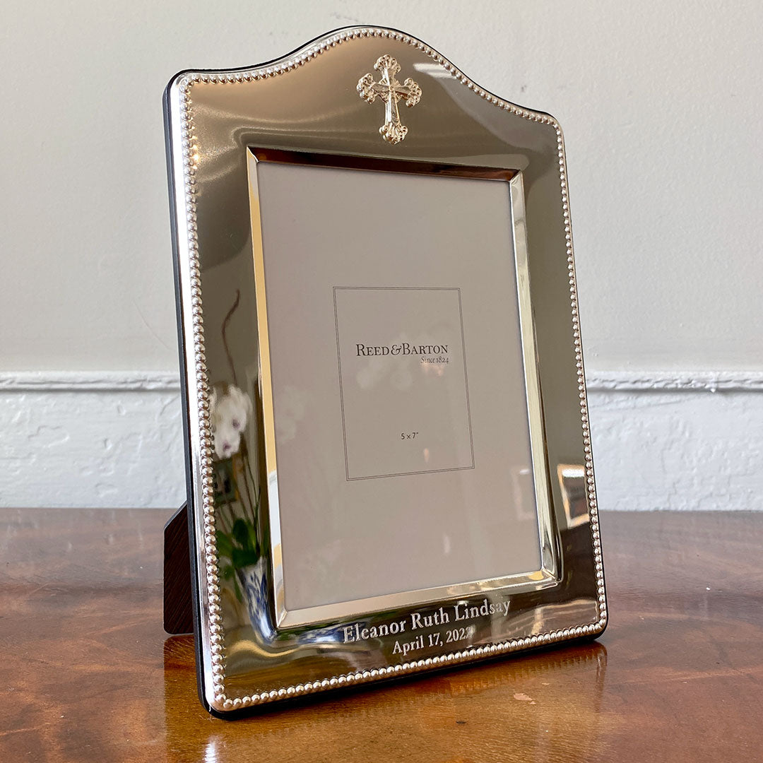 Silver Plated Abbey Cross Picture Frame 5x7 with machine engraved name and date.