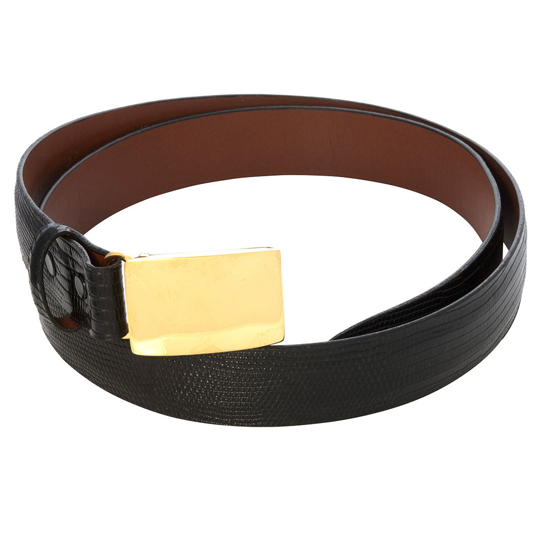 1 inch Glossy Black Lizard Belt Strap with Gold Plated Buckle