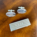 Sterling Silver Engine Turned Oval Cufflinks with machine engraved block initials