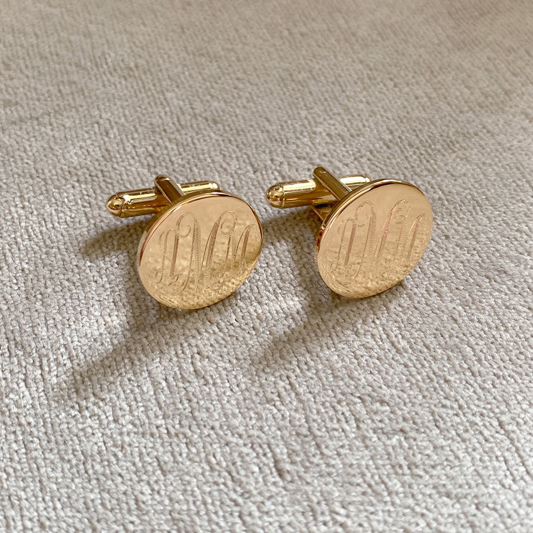 Gold Plated Polished Round Cufflinks with machine engraving