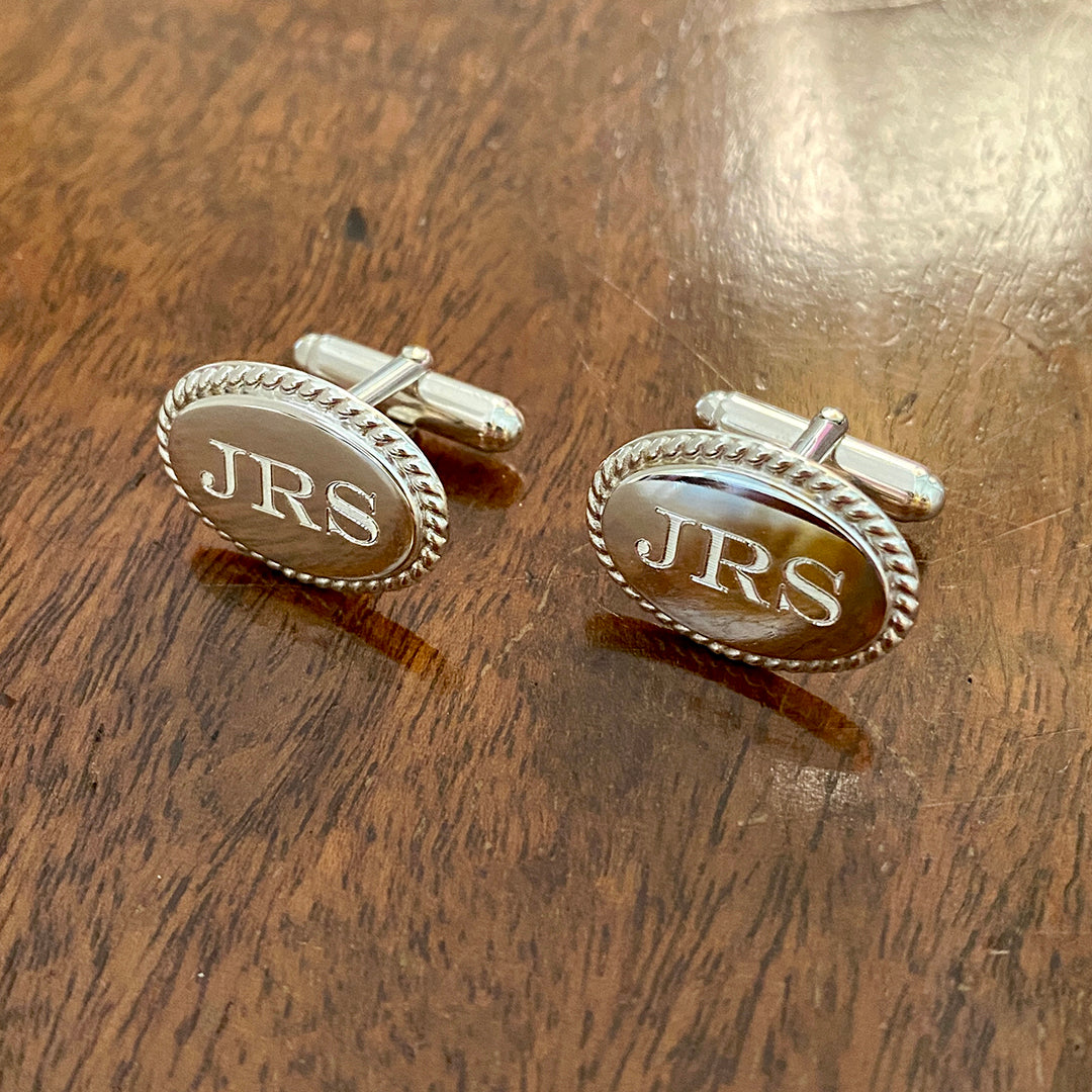 Sterling Silver Rope Edge Oval Cufflinks with machine engraved initials