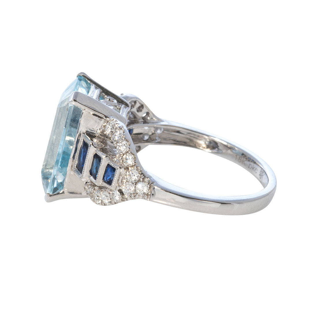 Aquamarine, Sapphire & Diamond 18K White Gold Ring