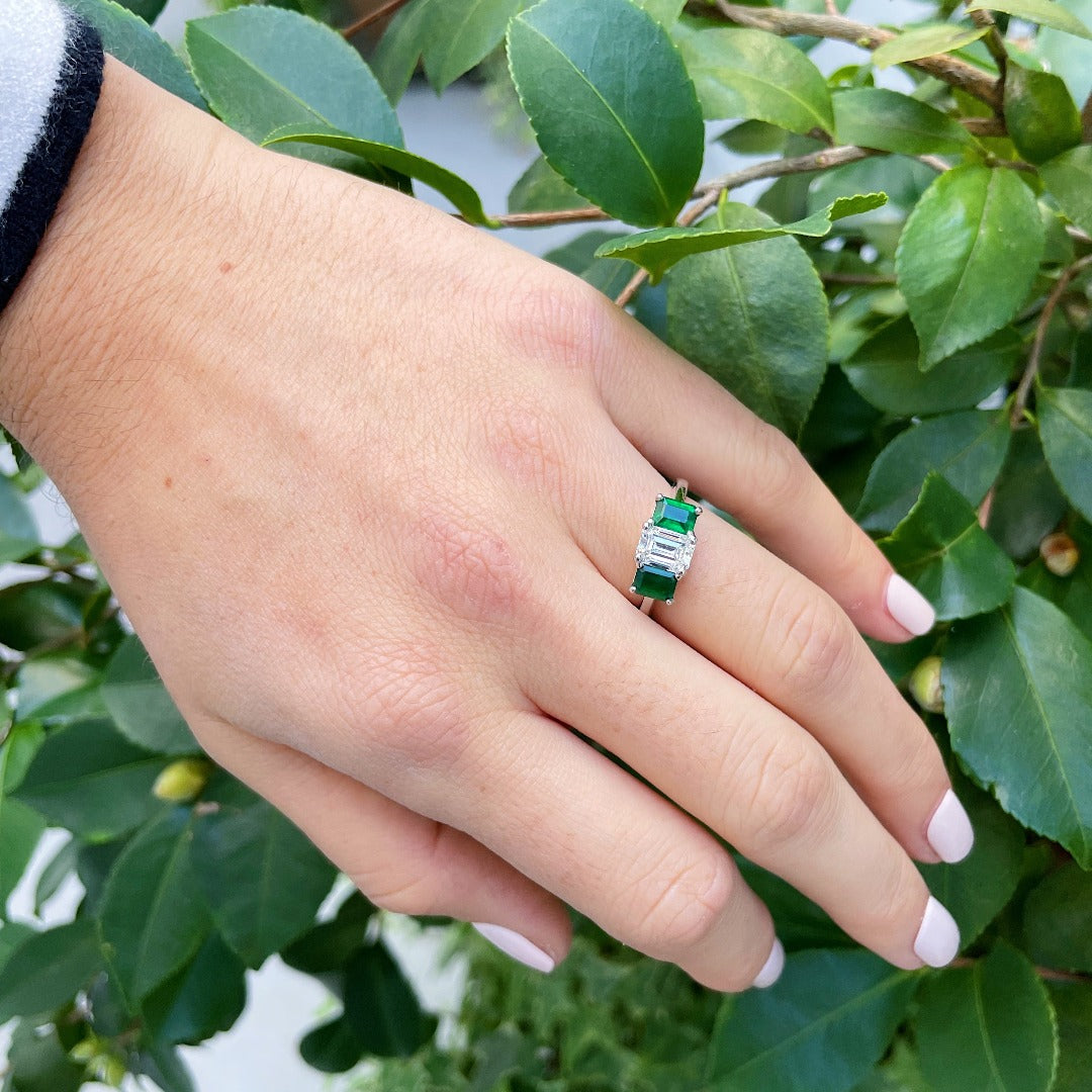 Emerald Cut Diamond & Emerald Platinum Engagement Ring