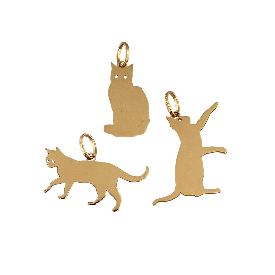 14K Yellow Gold Playing Cat Silhouette Charm