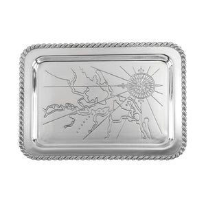 This durable cast aluminum large tray features a depicted map of the Charleston Harbor.