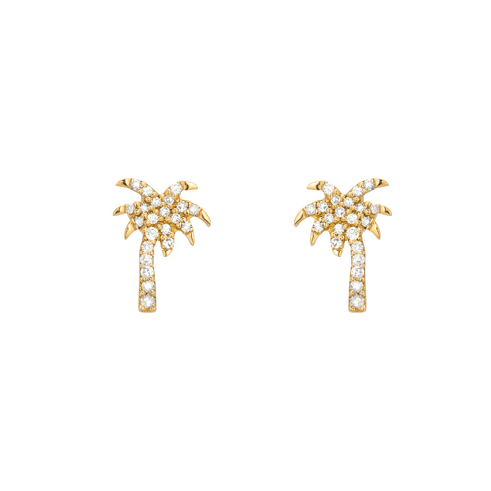 Diamond Pavé Palm Tree 14K Yellow Gold Stud Earrings