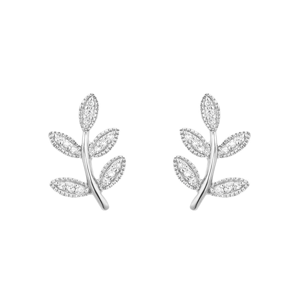 Diamond Pavé Small Leaf 14K White Gold Stud Earrings
