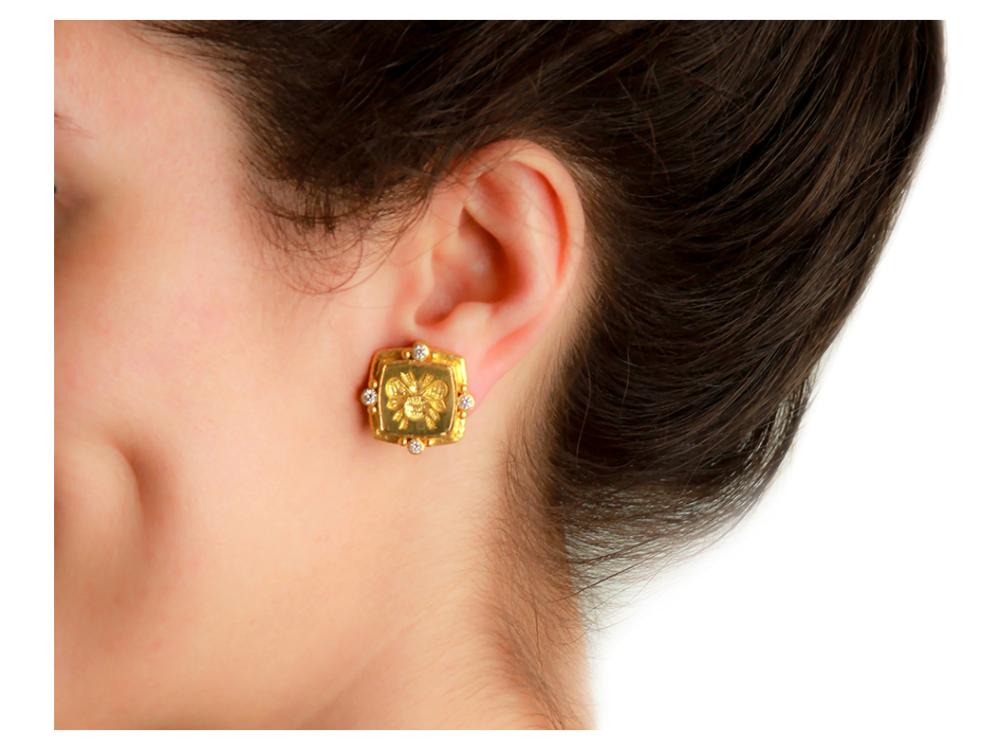 Elizabeth Locke Gold Cushion “Bee” Diamond Earrings