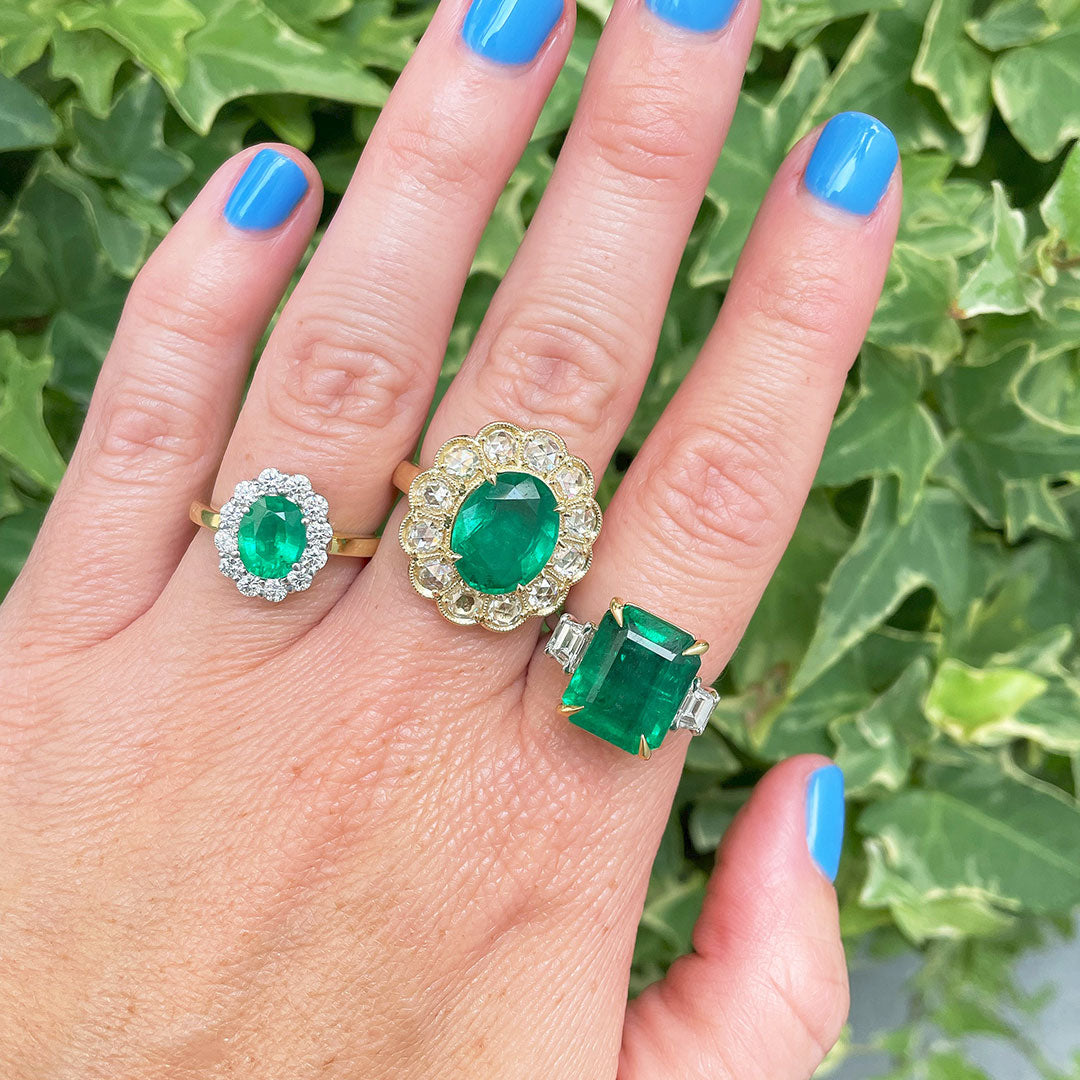 Oval Emerald & Diamond Halo 18K Two Tone Gold Ring