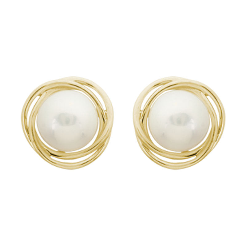 Button Pearl 14K Yellow Gold Knot Stud Earrings
