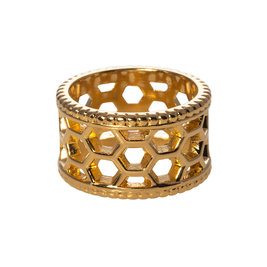 Goldbug Collection’s Bee Hive Hexagon Ring features an open hexagon honeycomb pattern.