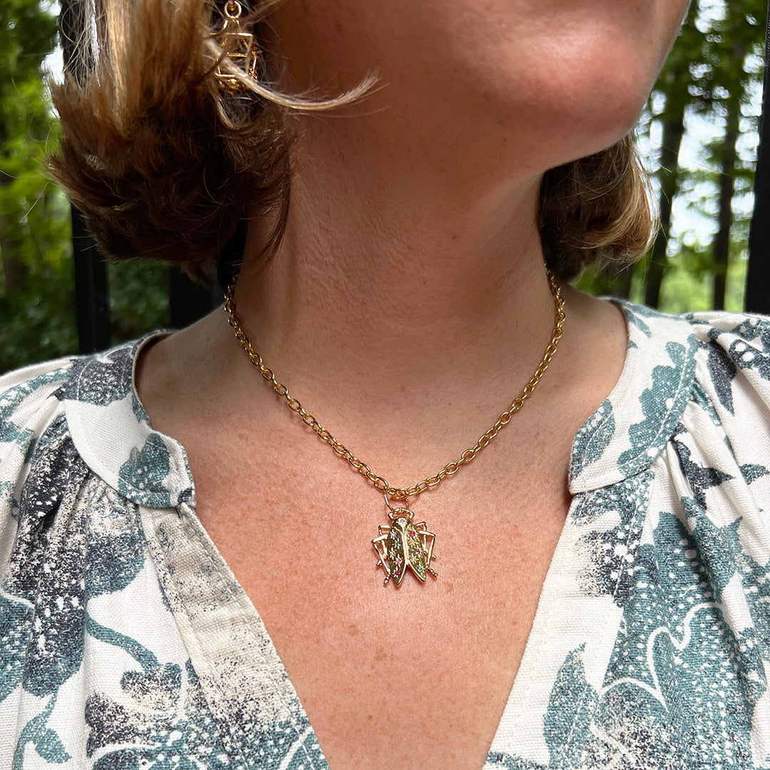 Goldbug Oval & Round Heavy Chain Necklace with Rainbow Row Bug Pendant