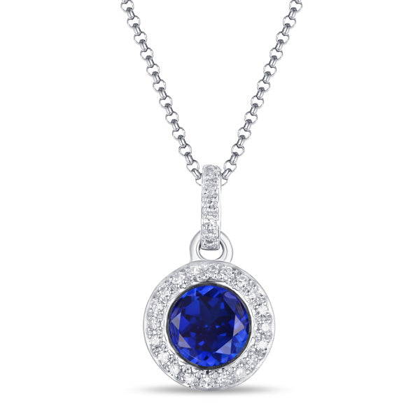Sapphire & Diamond Halo 14K White Gold Pendant Necklace