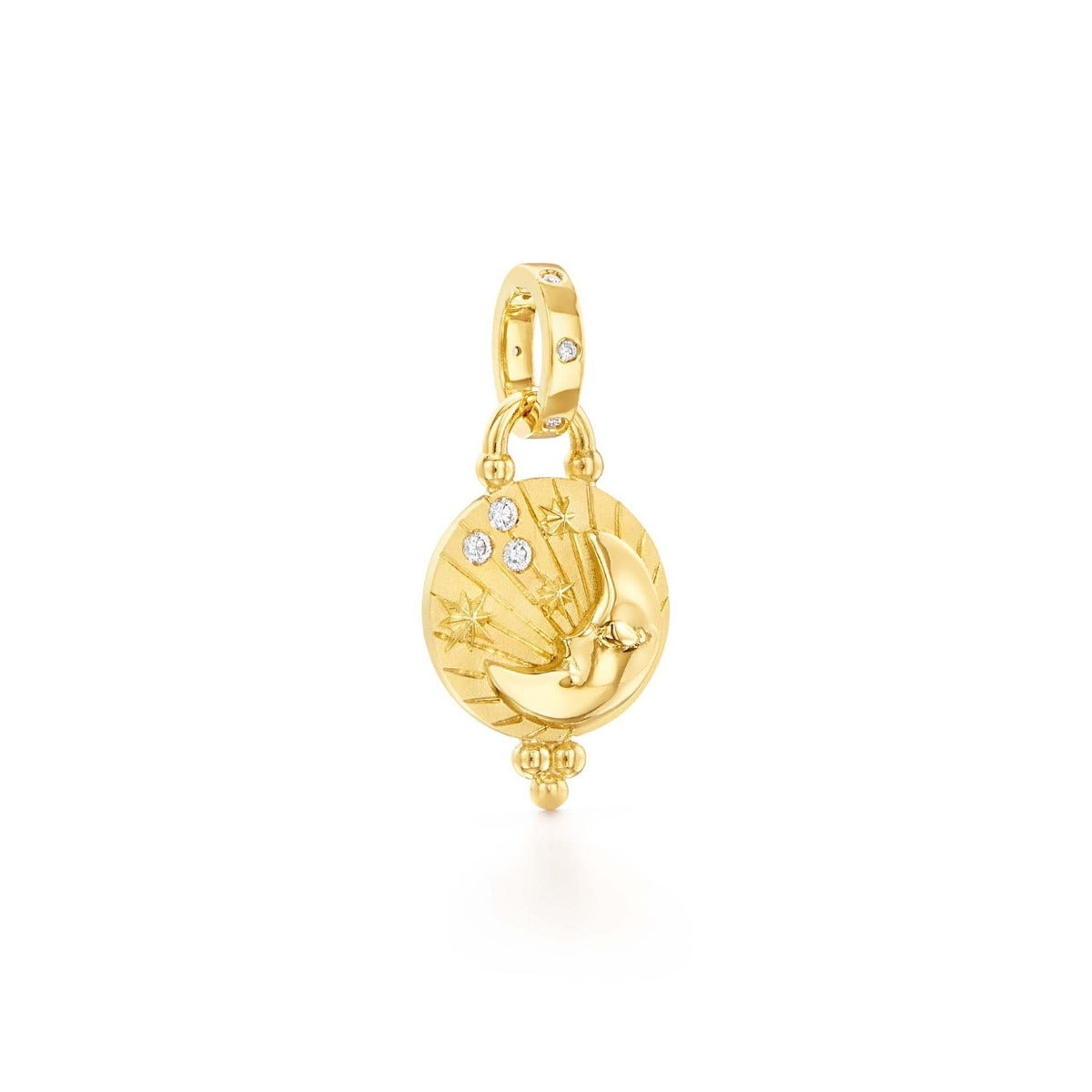Temple St. Clair Luna Pendant channels the pure magic of moonlight. It features alternating satin and polished finish 18K yellow gold with a glowing trio of diamonds.