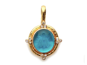 Elizabeth Locke Pendant features “Cabochon Honey Bee” swimming pool blue Venetian glass intaglio with faceted moonstone triad accents