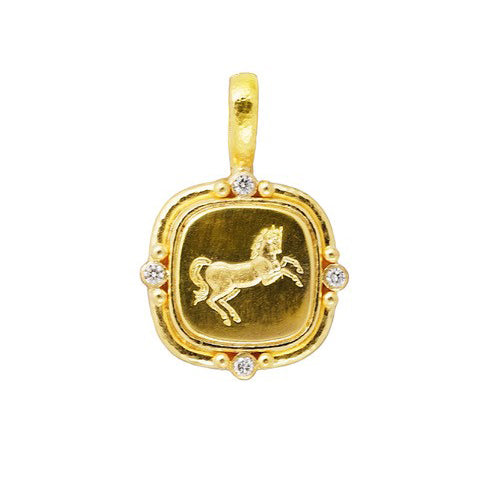 Elizabeth Locke Gold Cushion “Flat Rearing Horse” Diamond Pendant