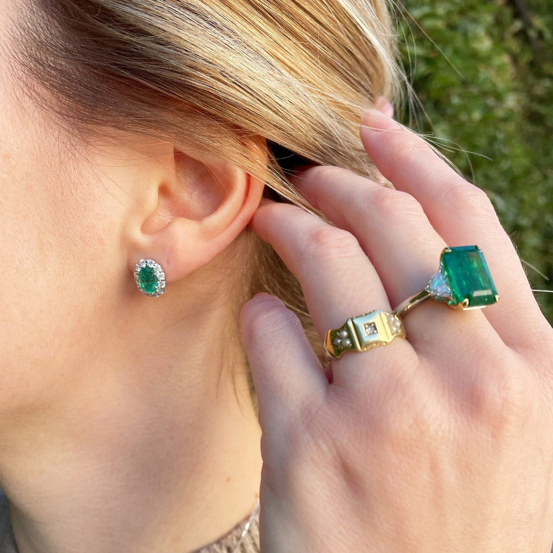 Oval Emerald & Diamond Cluster 18K Gold Stud Earrings
