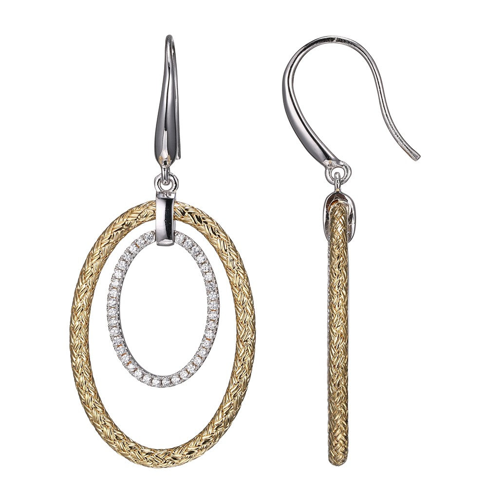 Charles Garnier Sterling silver mesh oval hoop drop earrings with cubic zirconia stone accents, 18K yellow gold finish, and rhodium finish.  French wire backs
