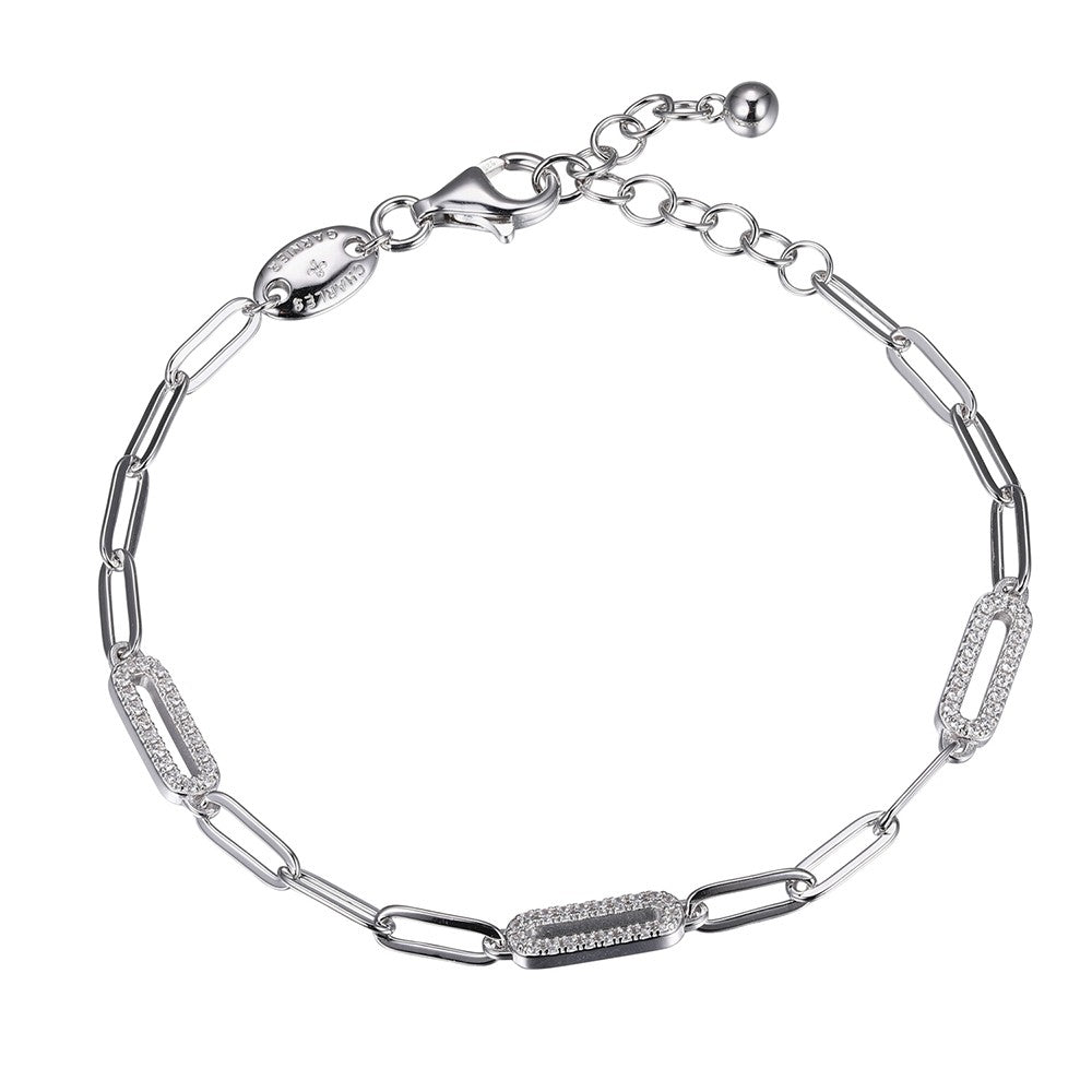 Charles Garnier CZ Rhodium Plated Silver Paperclip Chain Bracelet